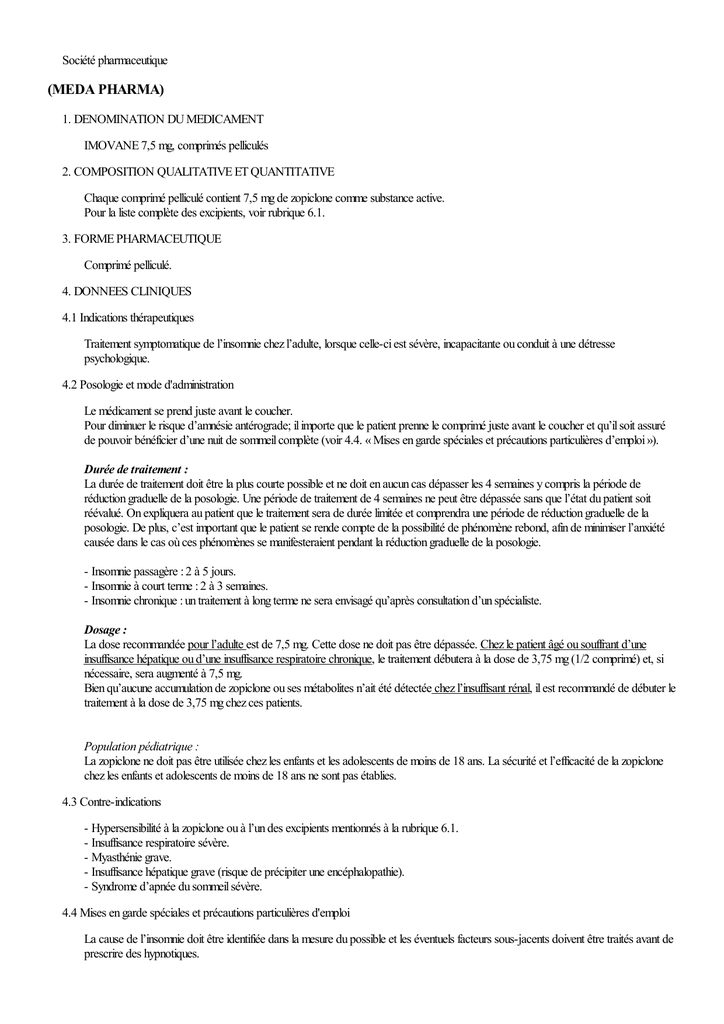 Le prix du médicament imovane